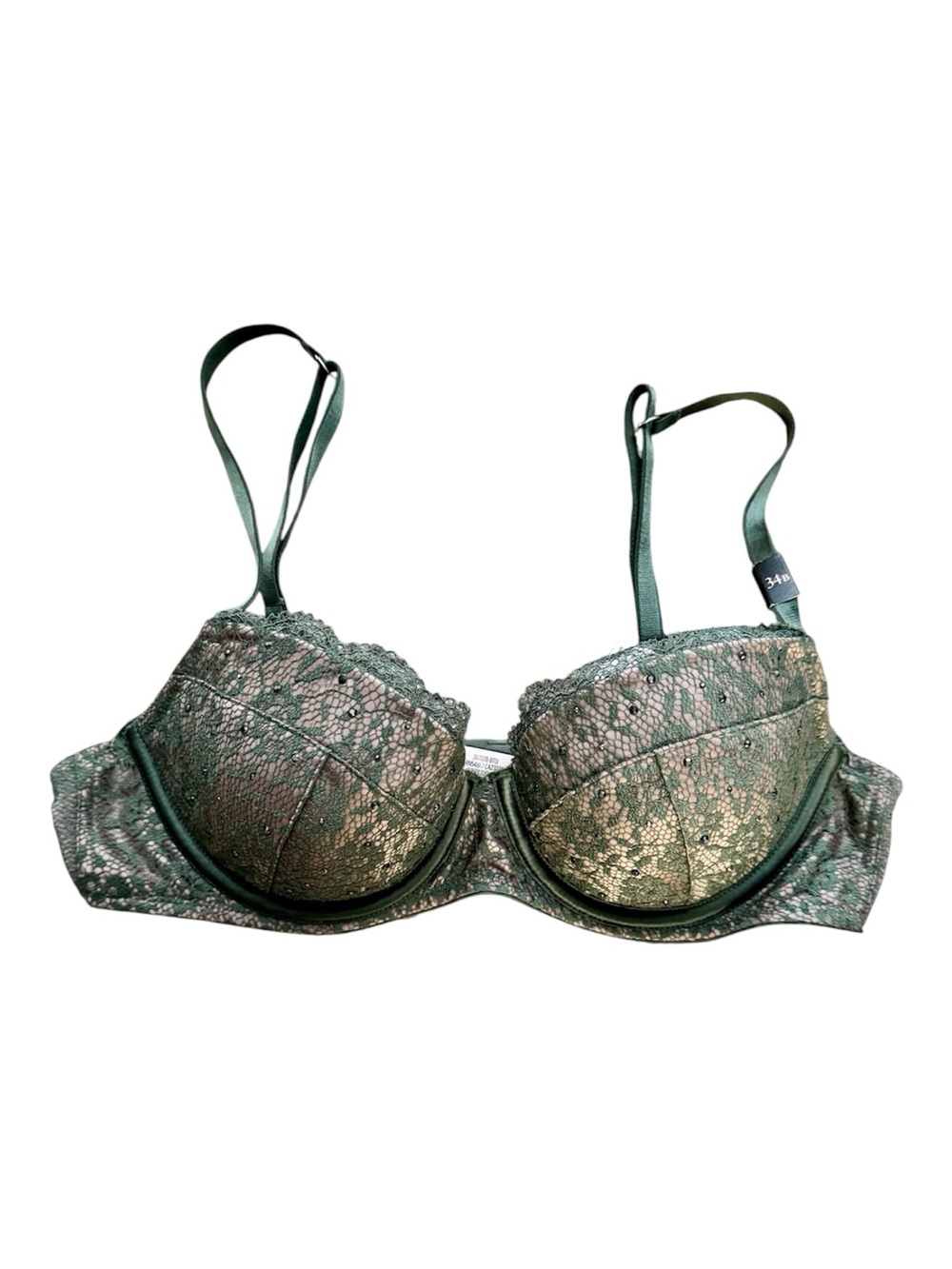 Y2K Victoria’s Secret Forest Green Rhinestone Lace Bra 34B NWT